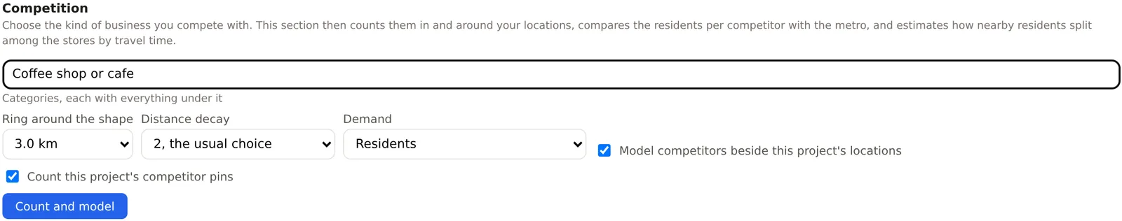 The Competition card's settings, the kind of business box, the ring, the distance decay, the demand and the two checkboxes