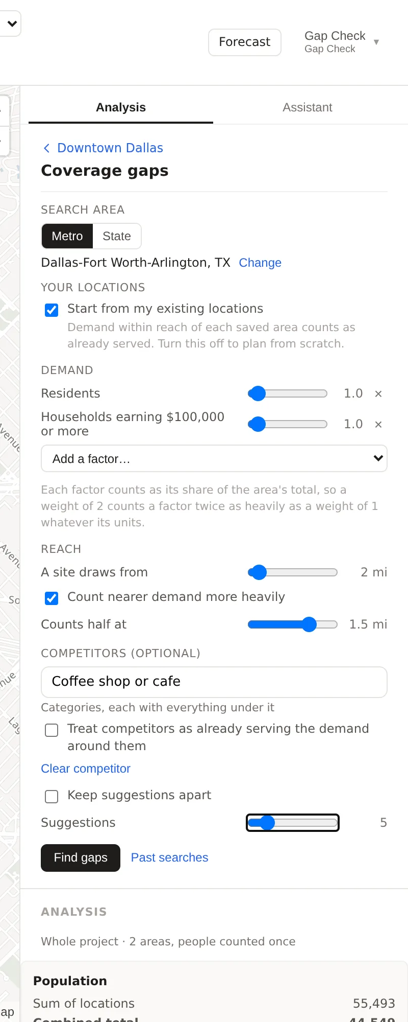 The Coverage gaps panel before a search, the search area, the locations switch, the demand factors, the reach, the competitor box and the number of suggestions