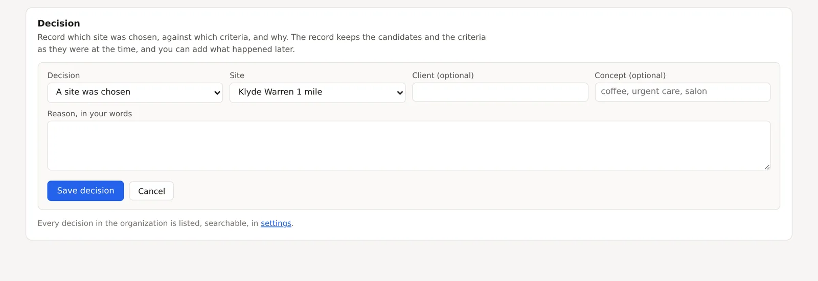 The Decision card's form on the Overview, the decision choice, the site, the client and concept boxes, the reason box and the Save decision button
