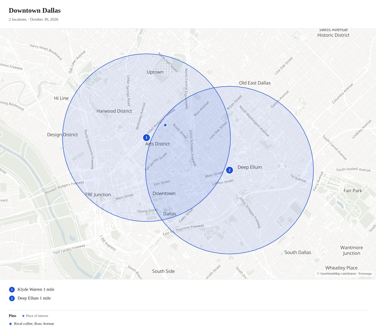 The map image of the Downtown Dallas project, the two circles numbered 1 and 2 on the light basemap, the project name and date, the legend of names and the pin as a diamond