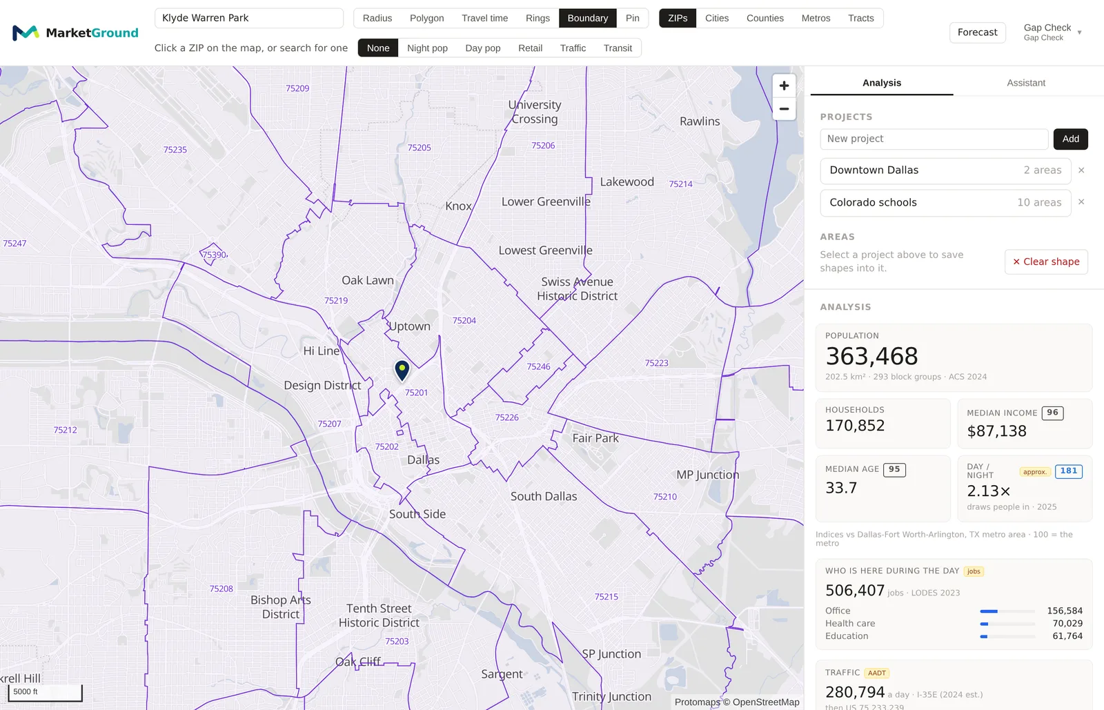 The map in Boundary mode with ZIPs chosen, every ZIP code outline in view drawn across central Dallas, and the figures for one in the panel