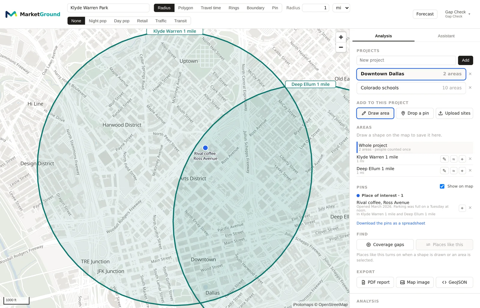 The map with a pin named Rival coffee, Ross Avenue inside a saved area in Dallas, and the Pins section listing it under Place of interest with its note and the areas it falls in