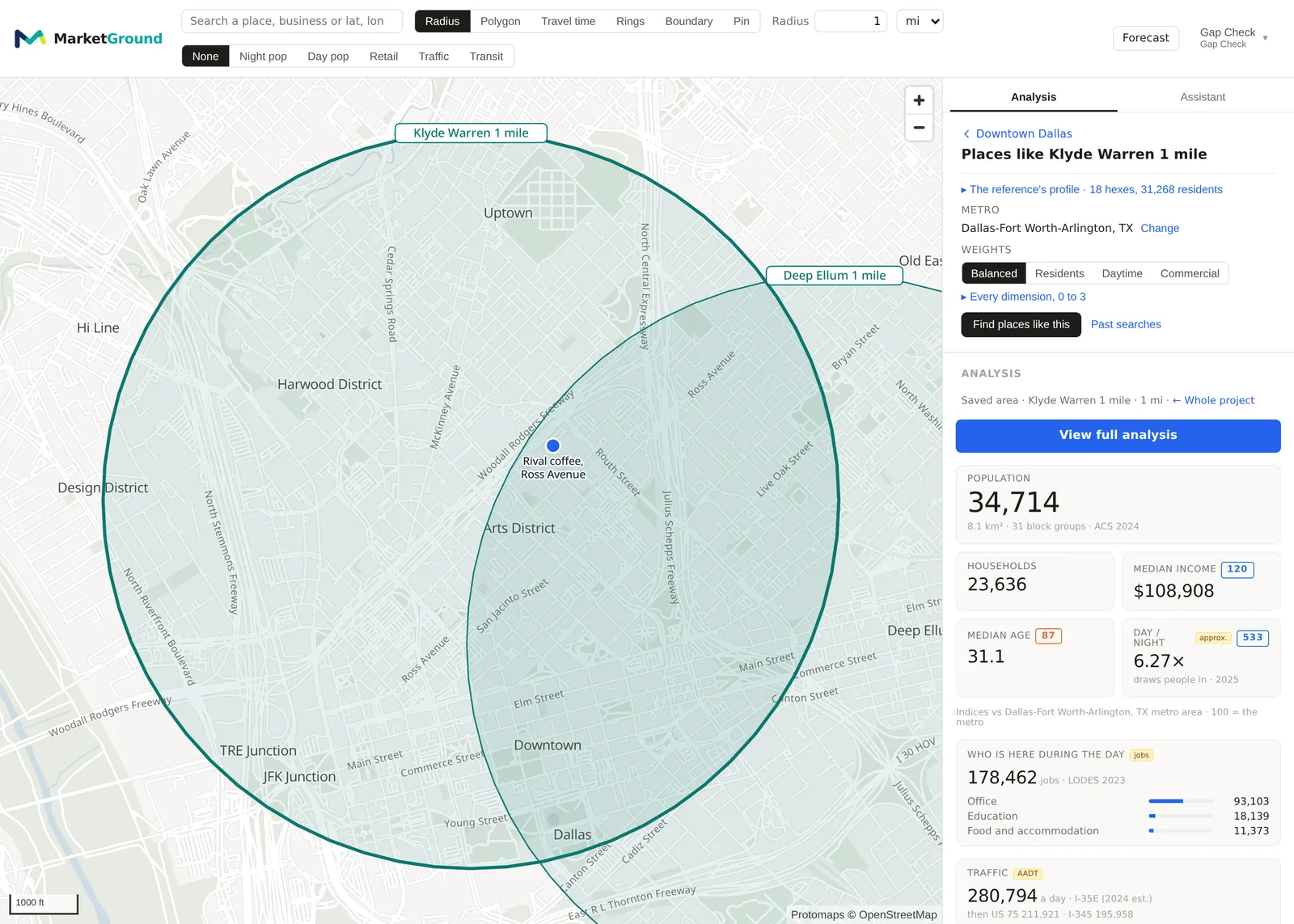 The Places like this panel with the reference's profile, the metro, the weight presets and the Find places like this button