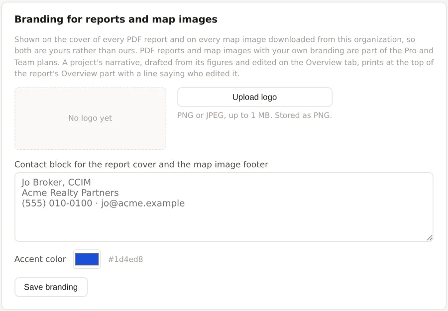 The Branding card in settings, the logo upload, the contact block and the accent color
