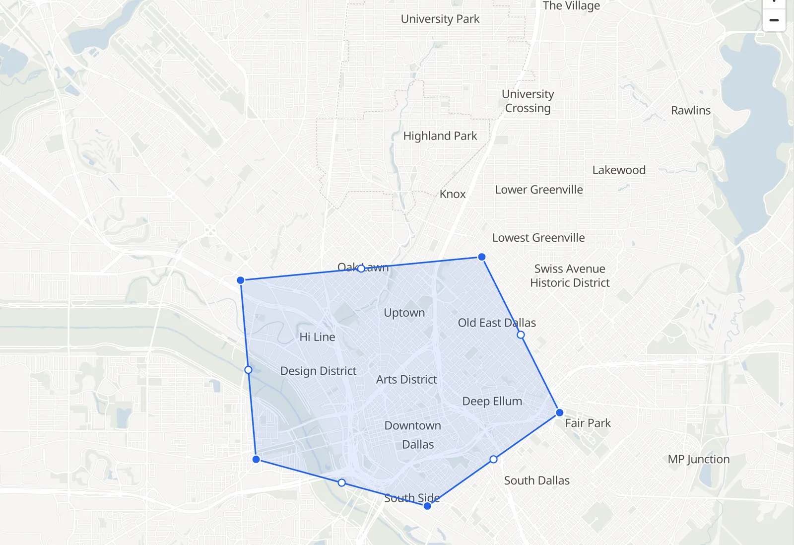 A polygon traced around central Dallas, with Edit corners pressed so that each corner is a handle and each edge carries a hollow dot