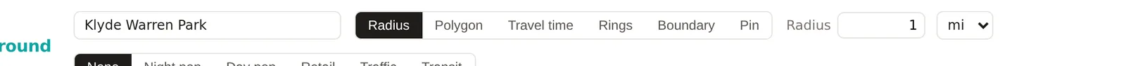 The toolbar's Radius controls, the Radius button selected, the box reading 1 and the unit menu reading mi