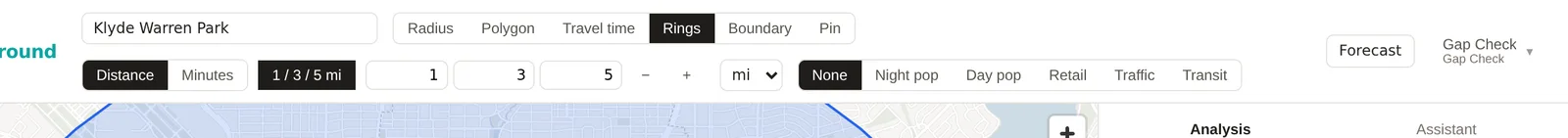 The band editor in the toolbar, the Distance and Minutes buttons, the preset button reading 1 / 3 / 5 mi, the three size boxes, the remove and add buttons and the unit menu