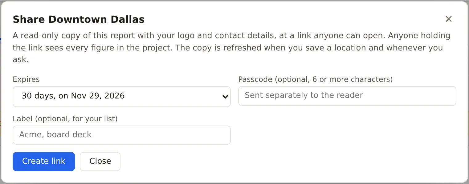 The Share dialog for the Downtown Dallas project, the expiry choices, the passcode and label boxes and the Create link button
