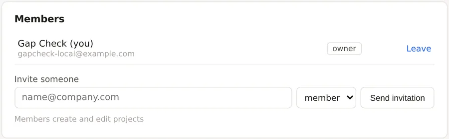 The Members card in settings, the current member with their role, the invite form with the email box, the role menu and the Send invitation button