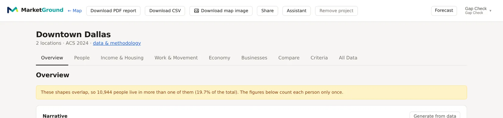 The top of the analysis page for the Downtown Dallas project, with the top bar, the project name, the row of tabs and the overlap notice