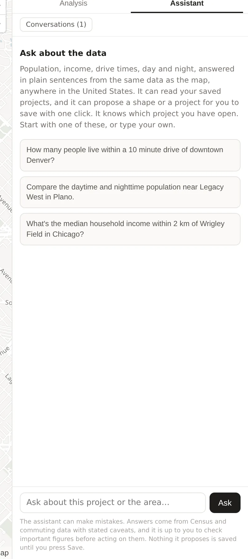 The Assistant tab on the map, the Conversations button, the example questions and the Ask box