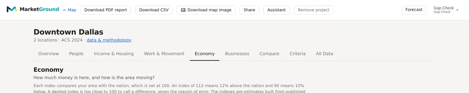 The top of the Economy tab, its question, the note on how to read an index, and the row of section links