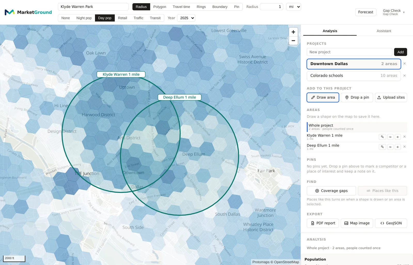 Central Dallas with the Day pop layer on, dense hexagons over downtown and the year menu showing 2024