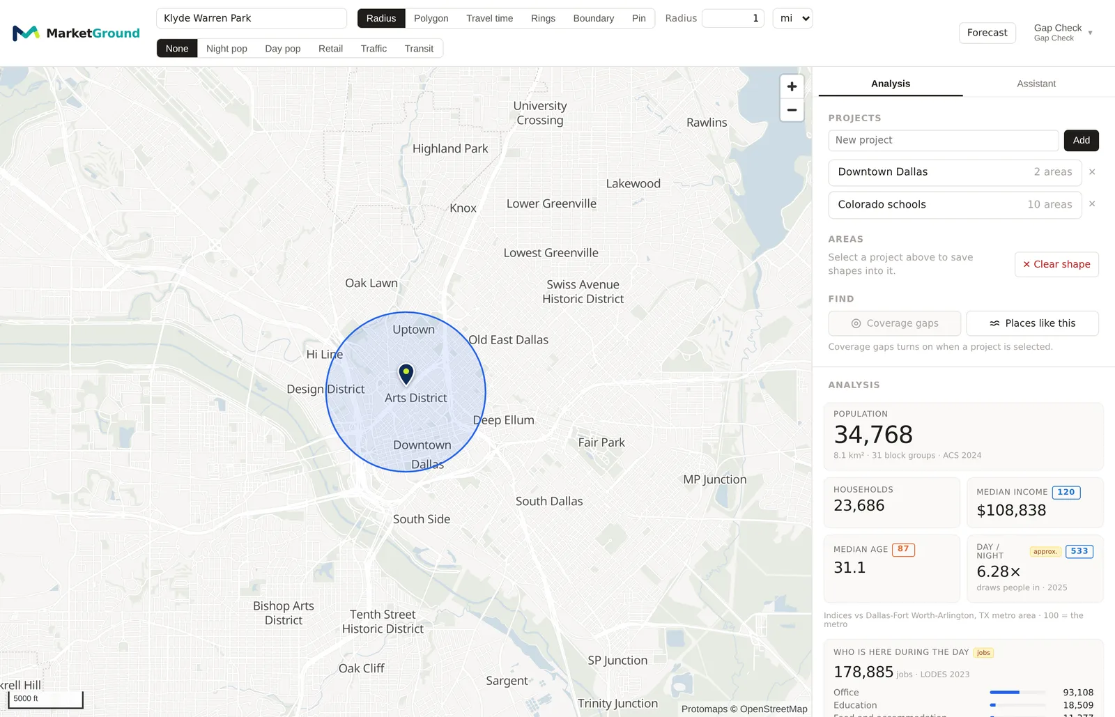The whole map screen, with the search box and toolbar across the top, the map in the middle and the panel down the right side