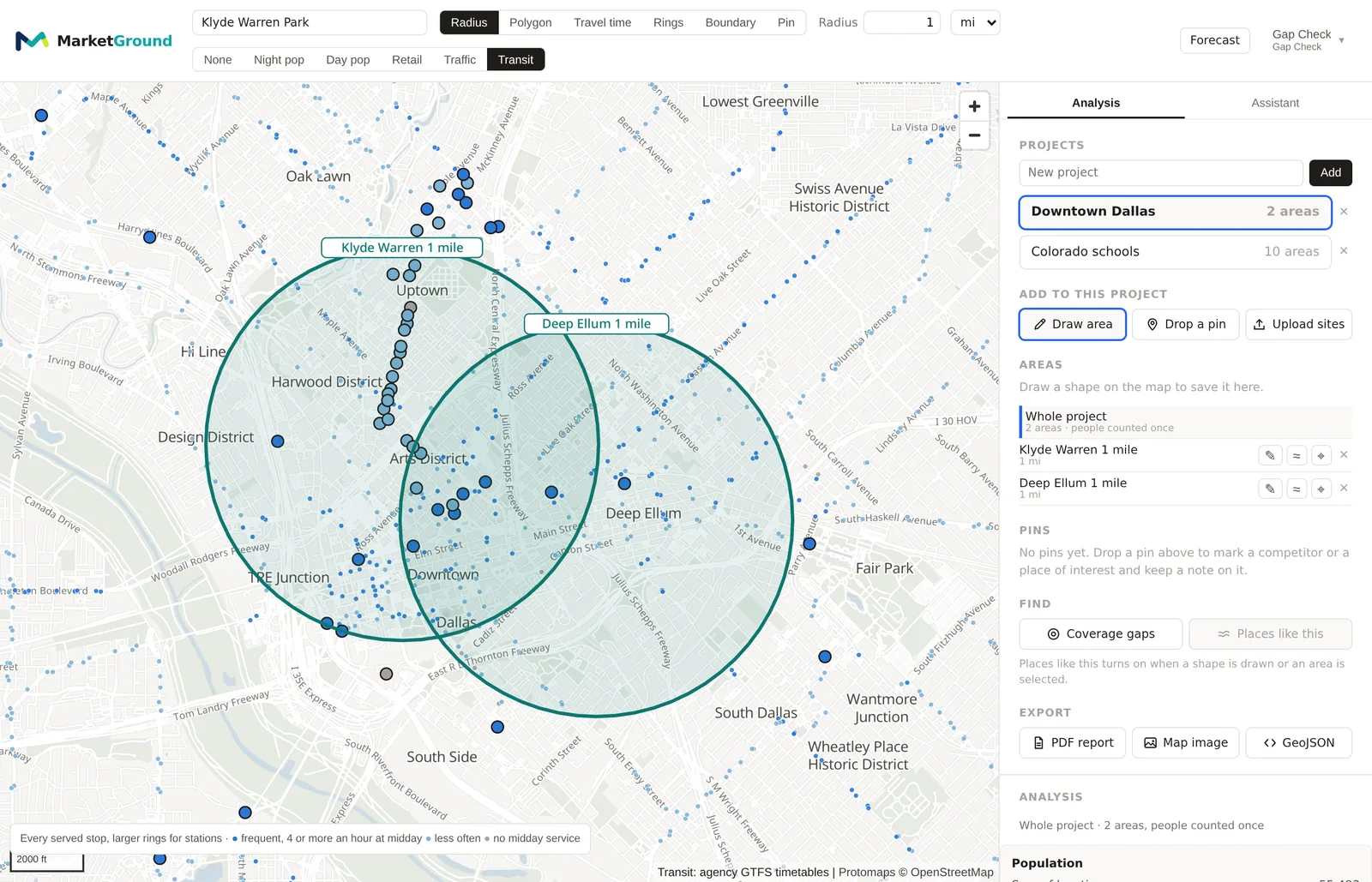 Dallas with the Transit layer on, rail lines and bus routes drawn over the map with their stops