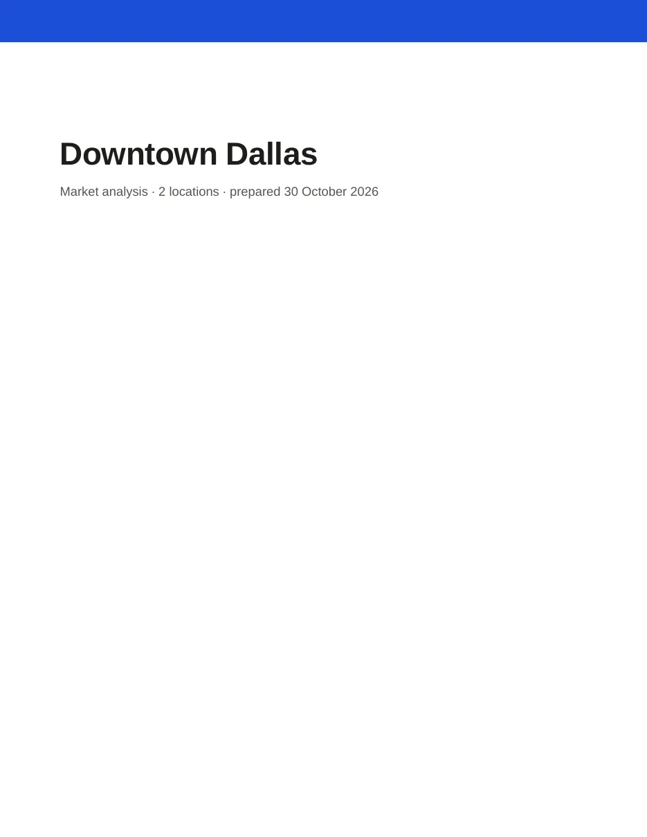 The cover of the Downtown Dallas report, the project's name, the line saying it is a market analysis of two locations and the date it was prepared, under the accent band