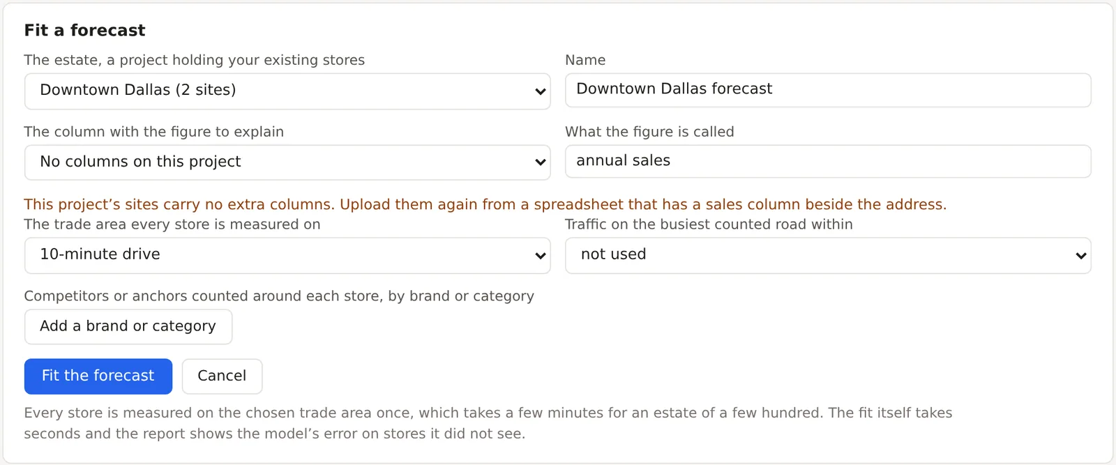 The Fit a forecast form, the estate, the name, the column to explain, the trade area, the traffic distance and the brand or category counts