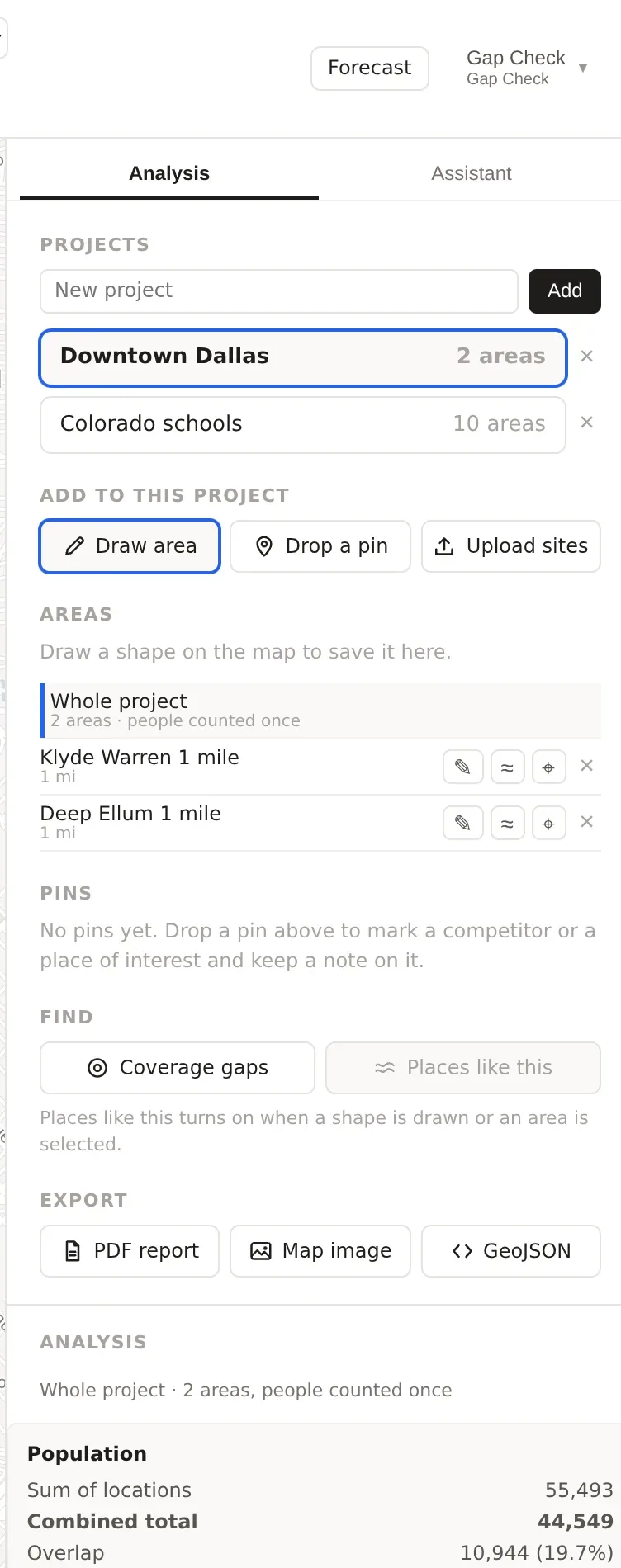 The whole panel, with the Projects, Add to this project, Areas, Pins, Find and Export sections above the Analysis section