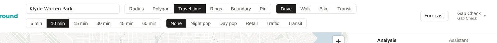The toolbar with Travel time selected, the Drive, Walk, Bike and Transit buttons and the row of minutes from 5 to 60
