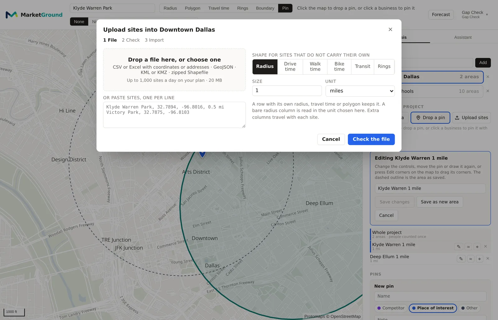 The upload dialog's first step, the file drop area, the paste box, the default shape chooser with Radius, Drive time, Walk time, Bike time, Transit and Rings, and the Check the file button