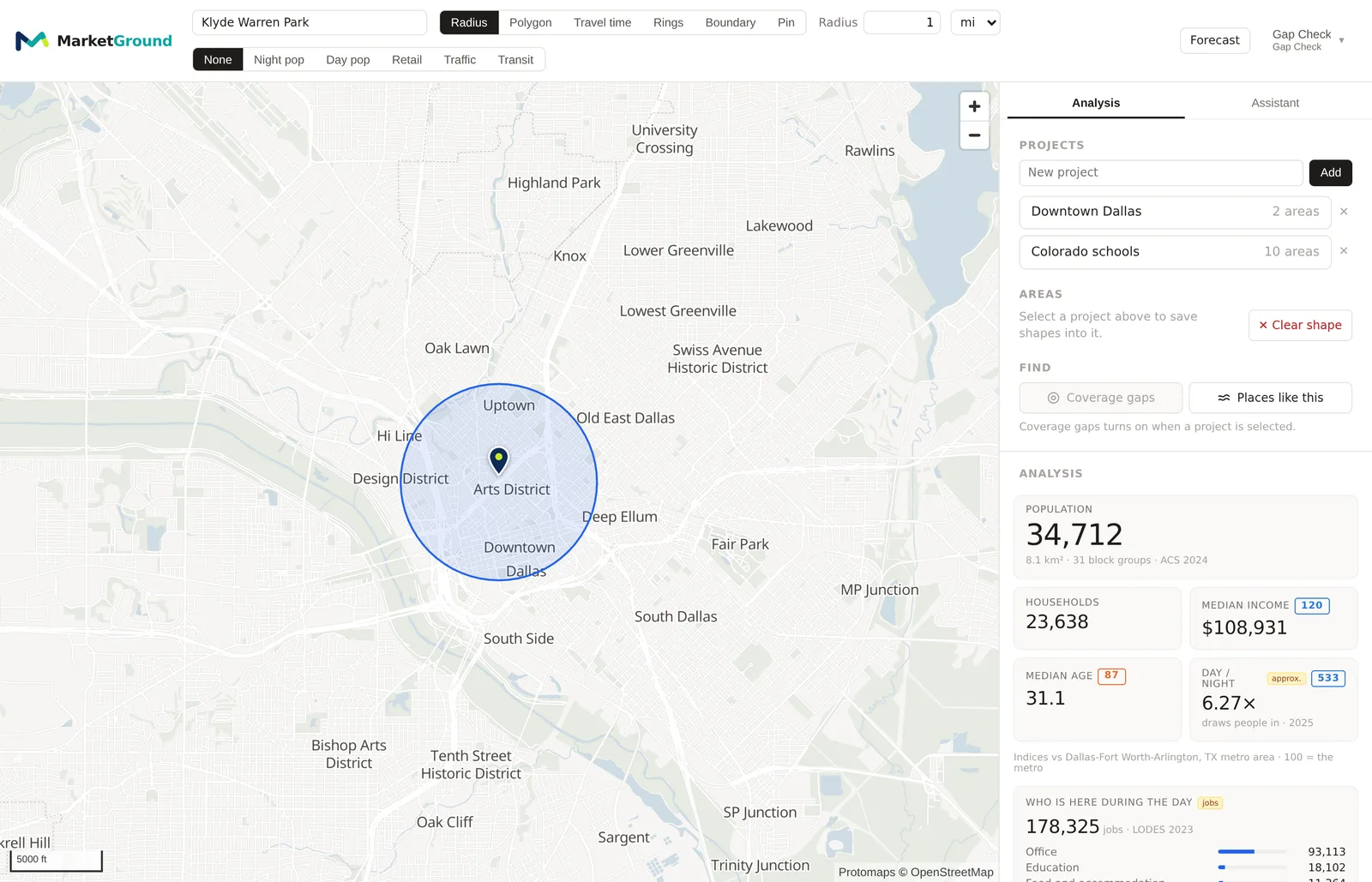 A one mile circle on downtown Dallas with the panel showing population, households, median income and median age