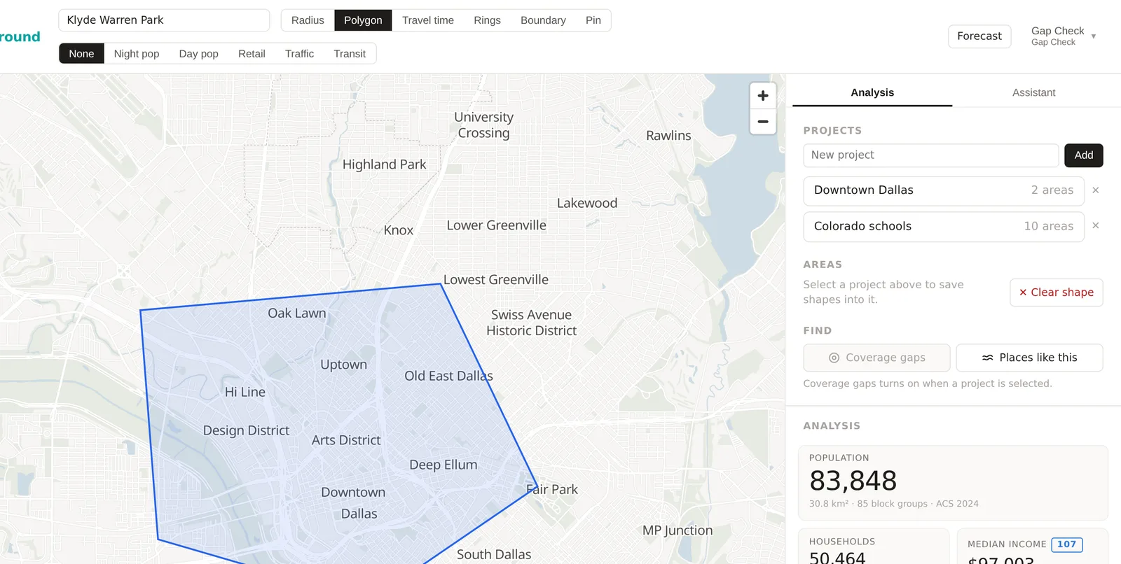 The toolbar's draw mode buttons, Radius, Polygon, Travel time, Rings, Boundary and Pin, with Polygon selected and a traced outline on the map