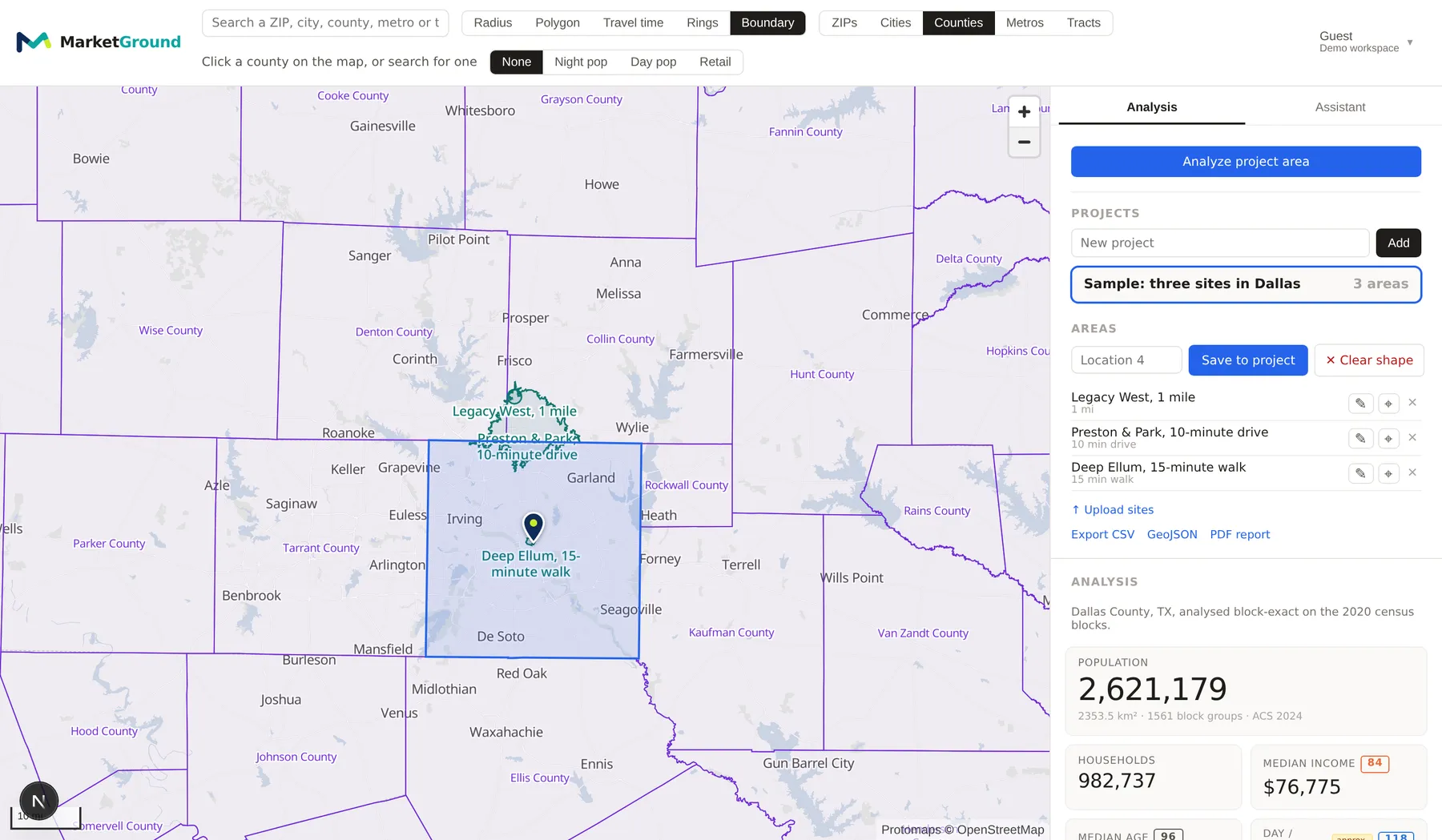 A county selected in boundary mode on the map with its figures in the side panel
