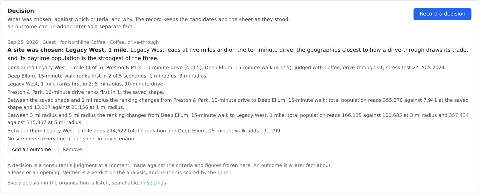 The Decision card for a Dallas project recording that Legacy West was chosen for a coffee client, with the reason, the candidates and how many lines each passed, the stress test's sentences, and buttons to add an outcome