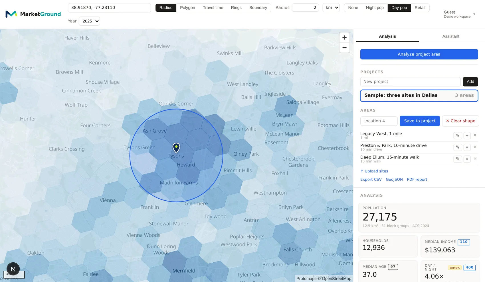 The daytime population layer over Tysons Corner with a two-kilometer circle drawn, showing dark hexagons inside the circle and 27,175 residents in the side panel