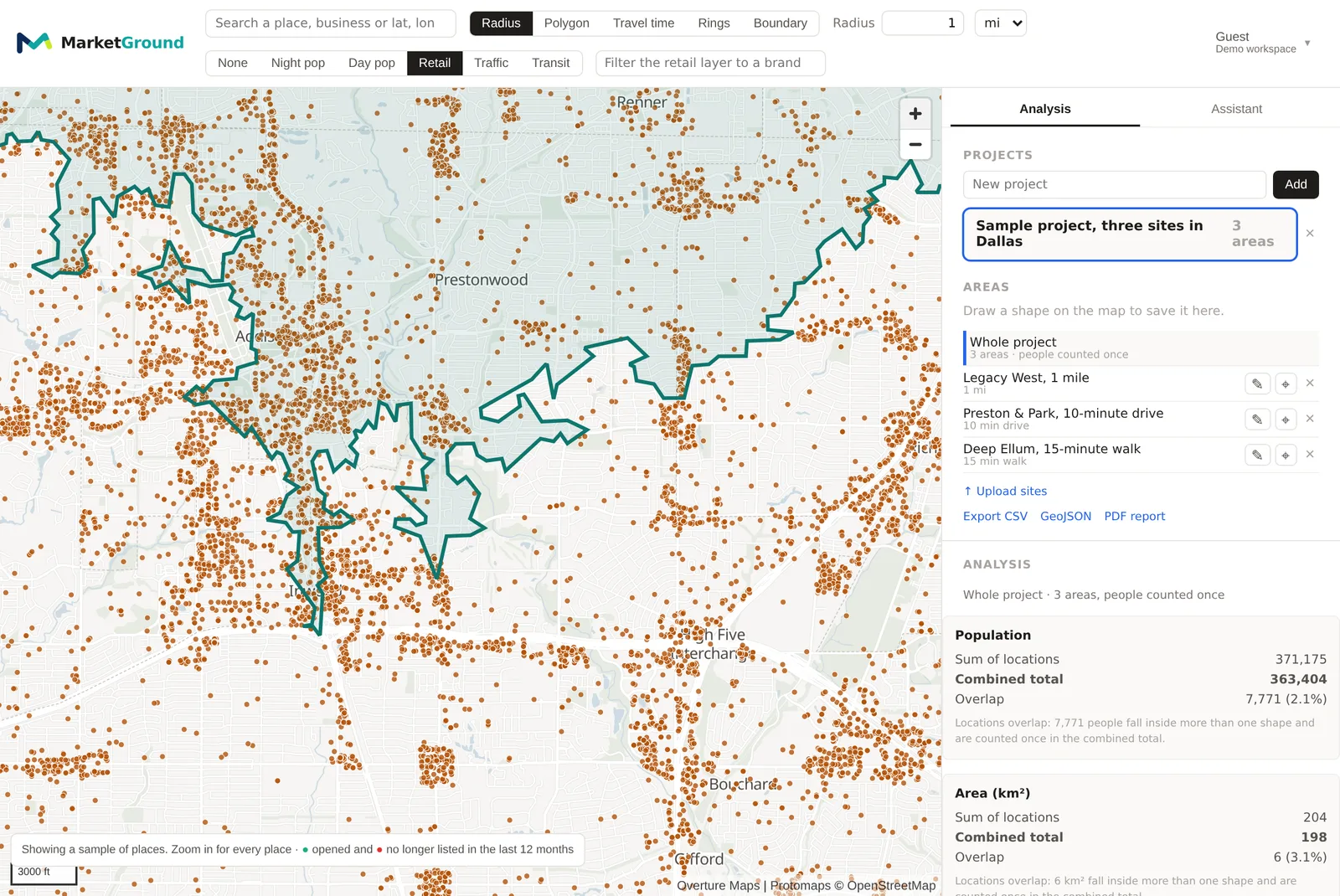 The Retail layer over north Dallas at zoom 12, with thousands of listed places drawn as dots along the arterials and around the saved Preston and Park drive-time area
