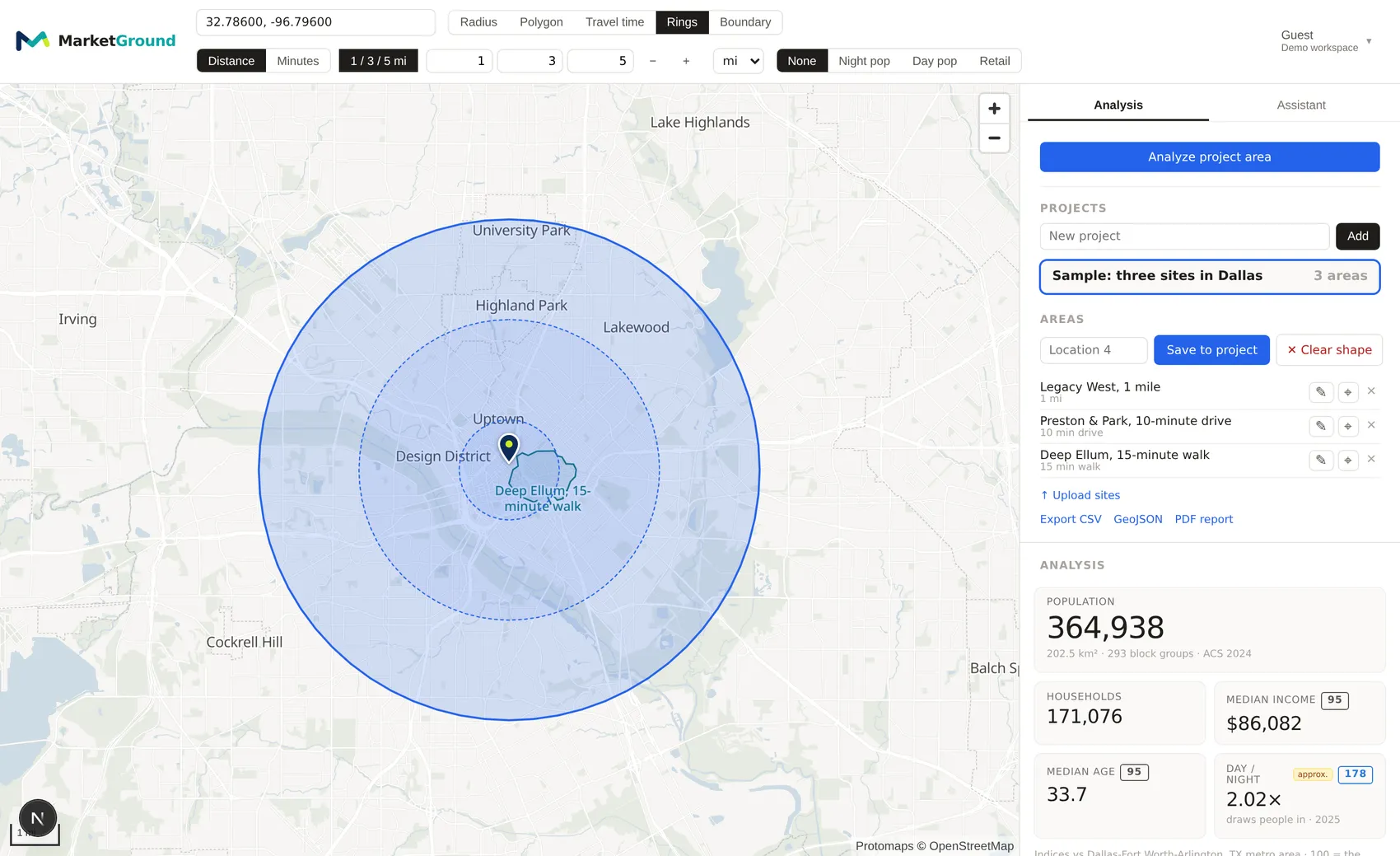 MarketGround showing one, three and five mile rings around a point in downtown Dallas, with a saved 15-minute walking area inside them and 364,938 residents in the side panel