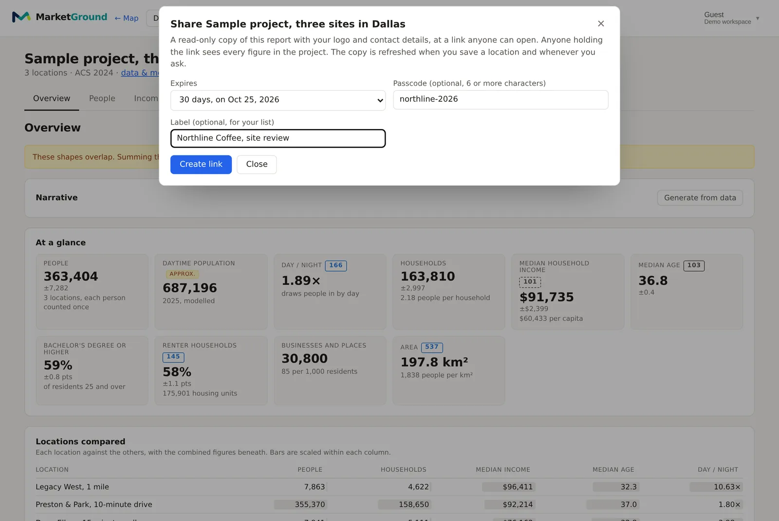 The Share dialog over a Dallas project's overview, with an expiry of 30 days, a passcode field, a label reading Northline Coffee, site review, and a Create link button
