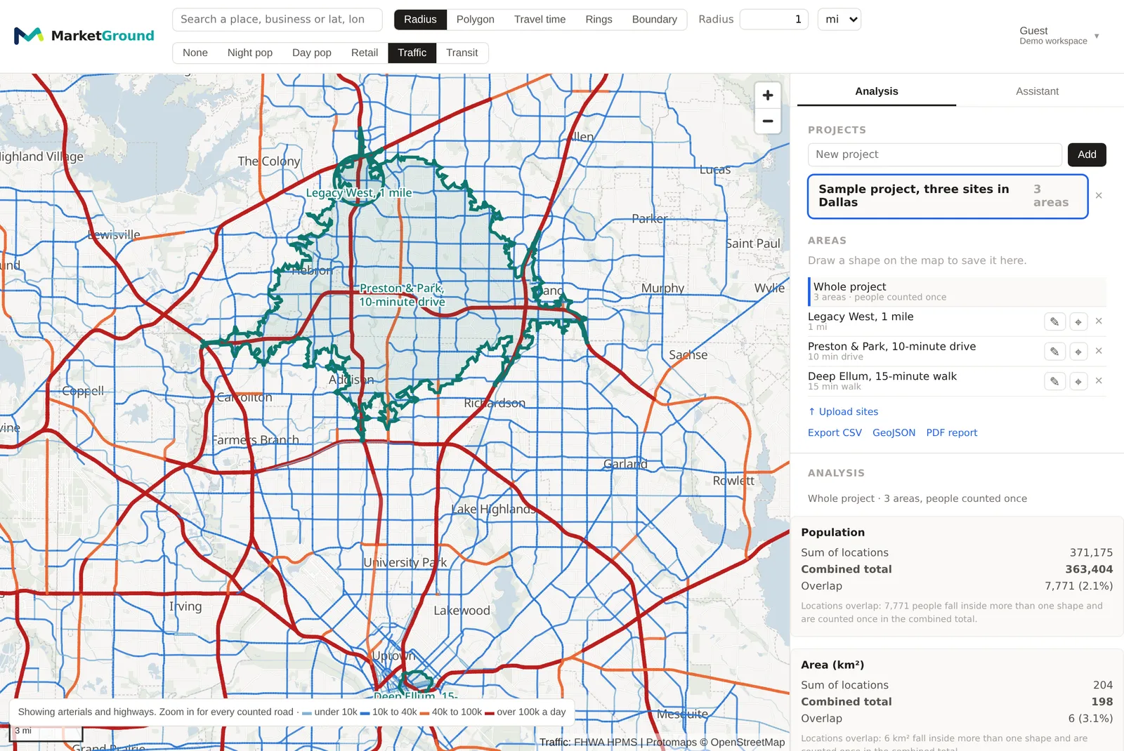 The Traffic layer over north Dallas, with counted roads drawn in blue, orange and red by vehicles a day and the three saved Dallas areas outlined in green