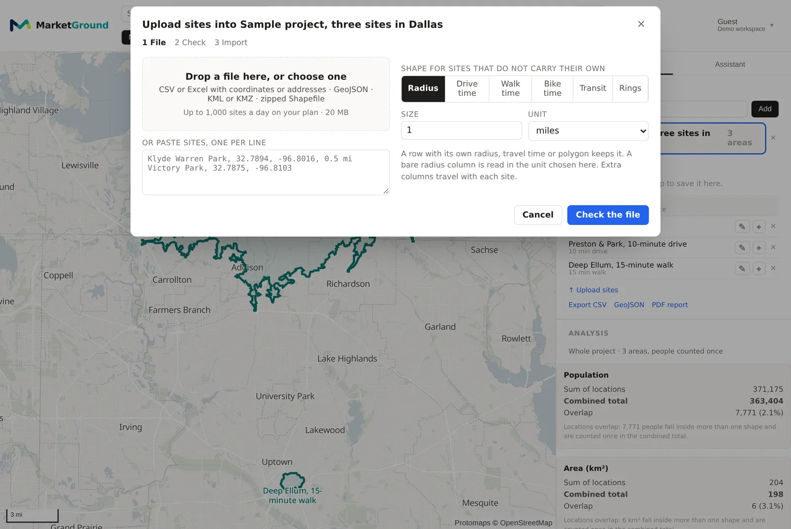 The upload dialog over the Dallas map, offering a file drop zone, a box with two pasted sites, and a choice of radius, drive time, walk time, bike time, transit or rings for sites without their own shape